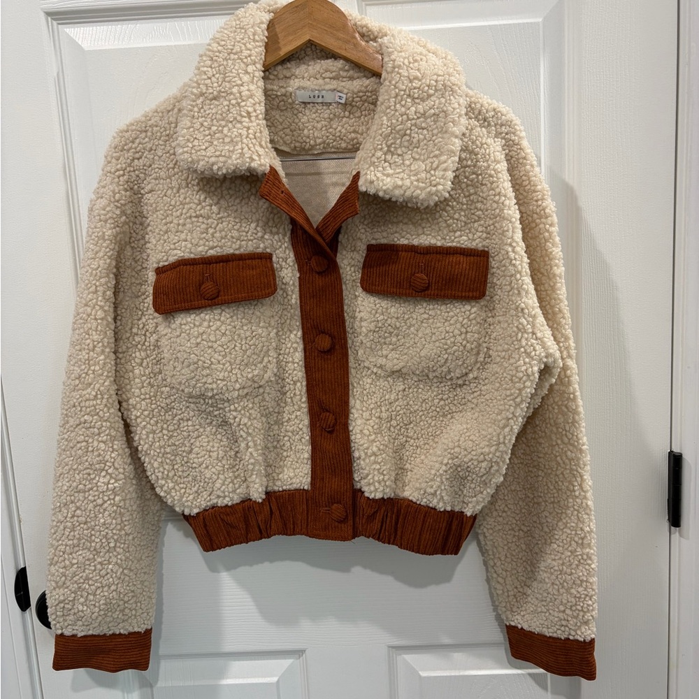 Lush Cream Sherpa Bomber Jacket with Rust Trim